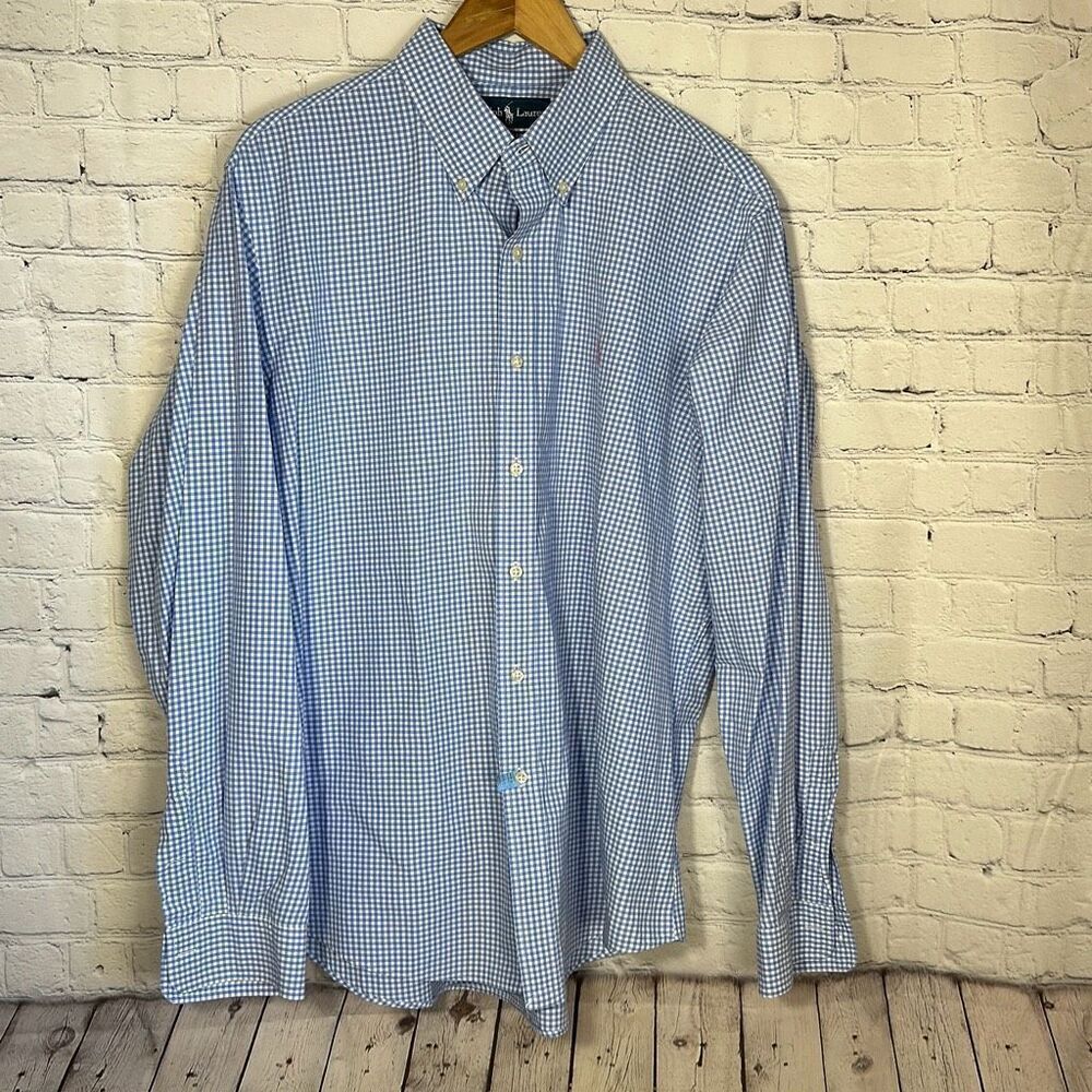 Ralph Lauren Custom Fit  Blue White‎ Checkered Button Down Shirt Size XL